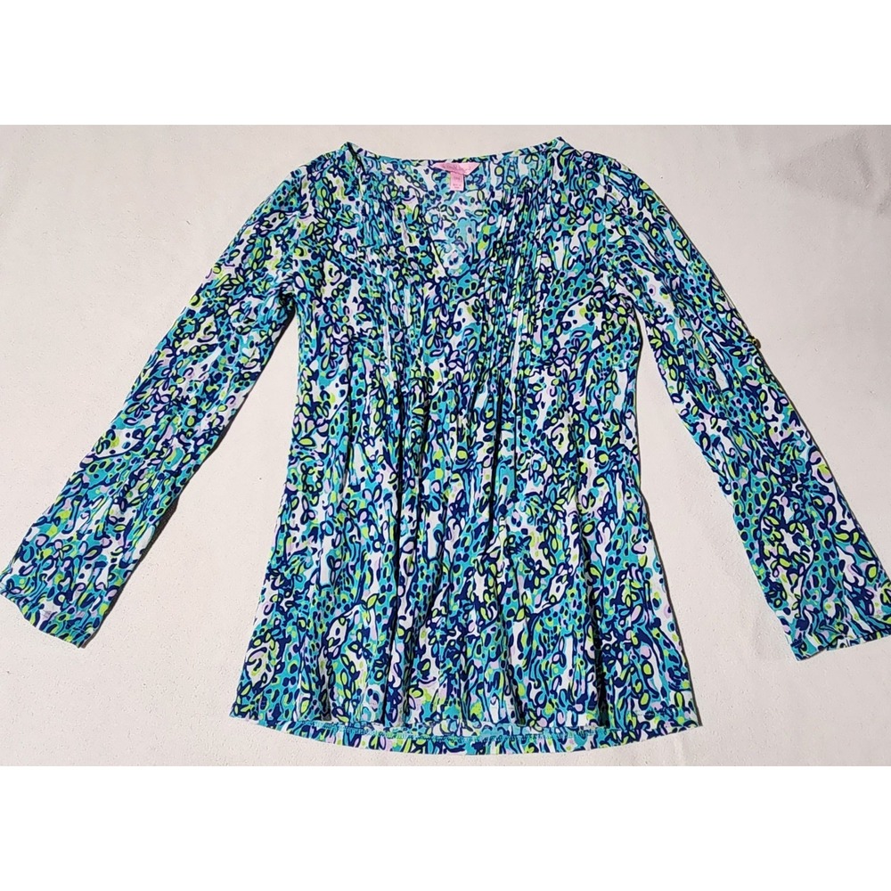 LILLY PULITZER Vneck‎ Blouse Roll-Tab Sleeve Blue Green Brayden GIRAFFE Pima XXS